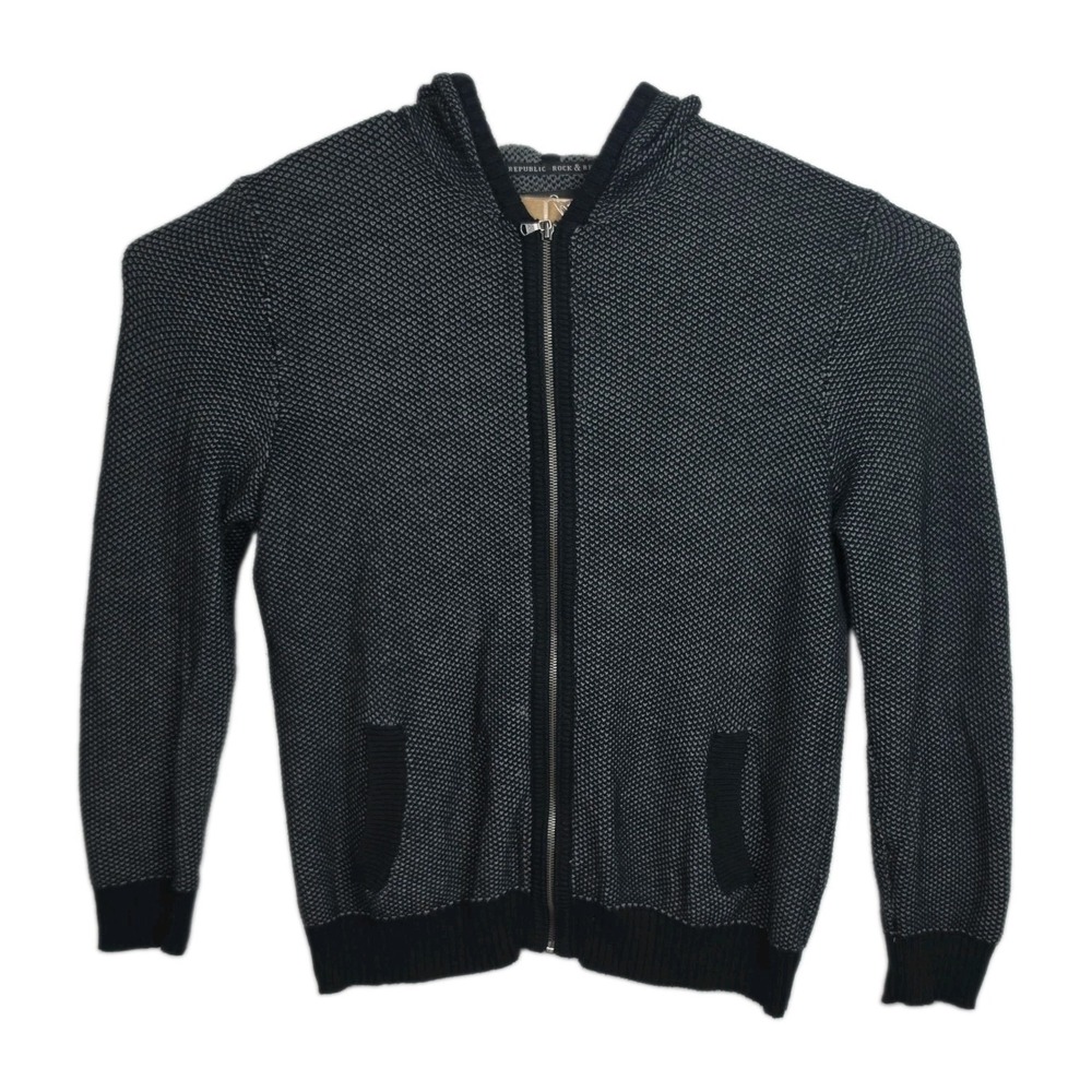Rock & Republic Full-zip Hooded Sweater Men's L Black/Gray Knit Long Sleeves